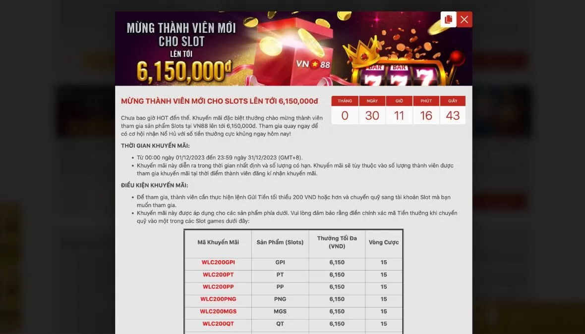 Ưu đãi chào đón tân binh tại sảnh slots vn88 với giá trị giải thưởng cực khủng